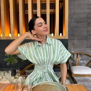 Anthropologie Green and White Pleated A-Line Dress